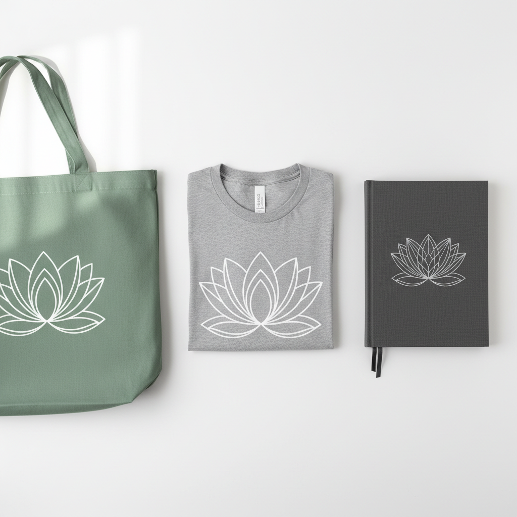Flat lay of Pause & Be tee, tote bag and journal with white lotus design