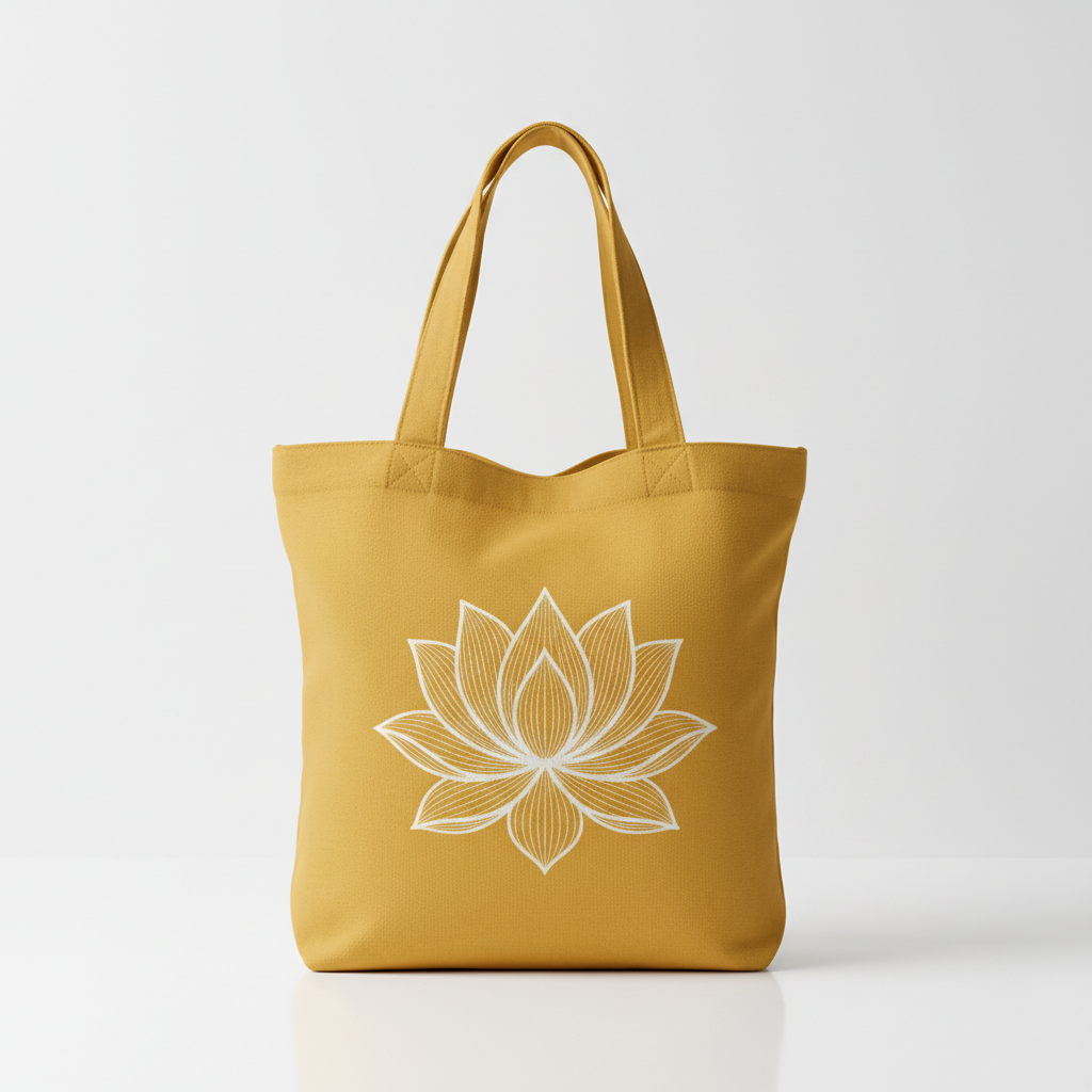 Pause & Be tote bag in harvest gold with white lotus graphic