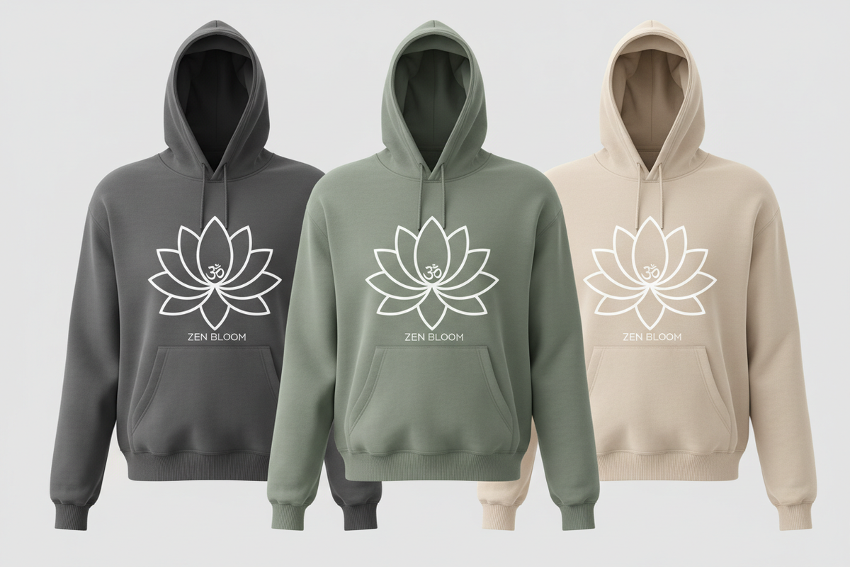 White lotus hoodie in three colorways: charcoal, sage green, and cream