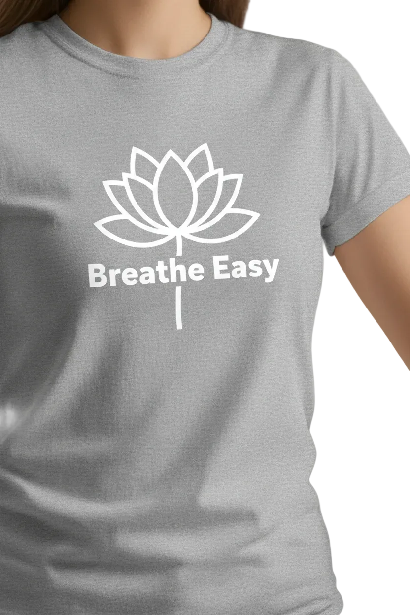 White lotus Breathe Easy graphic on heather grey short sleeve t-shirt
