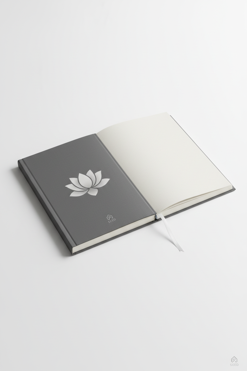 Blank hardcover journal with white lotus design on charcoal cover