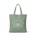 Pause & Be tote bag in sage green with white lotus graphic