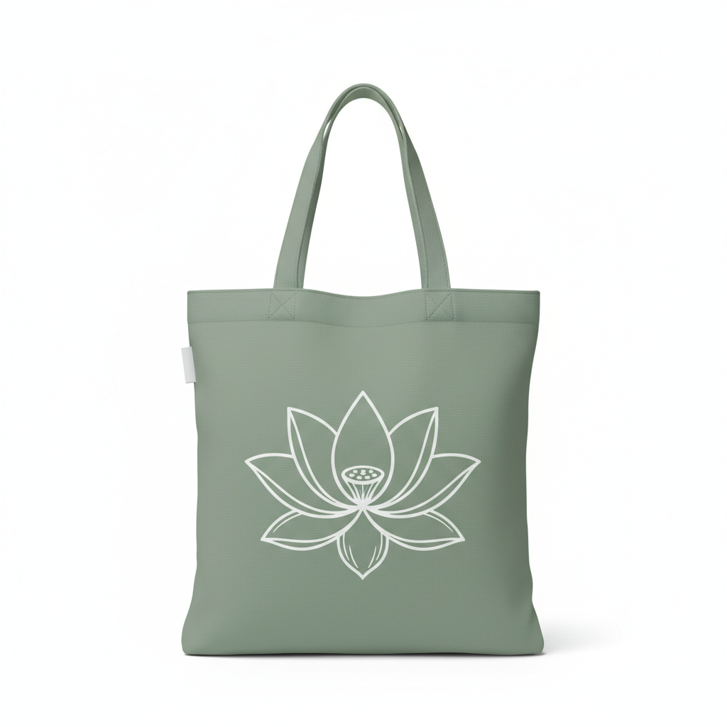 Pause & Be tote bag in sage green with white lotus graphic