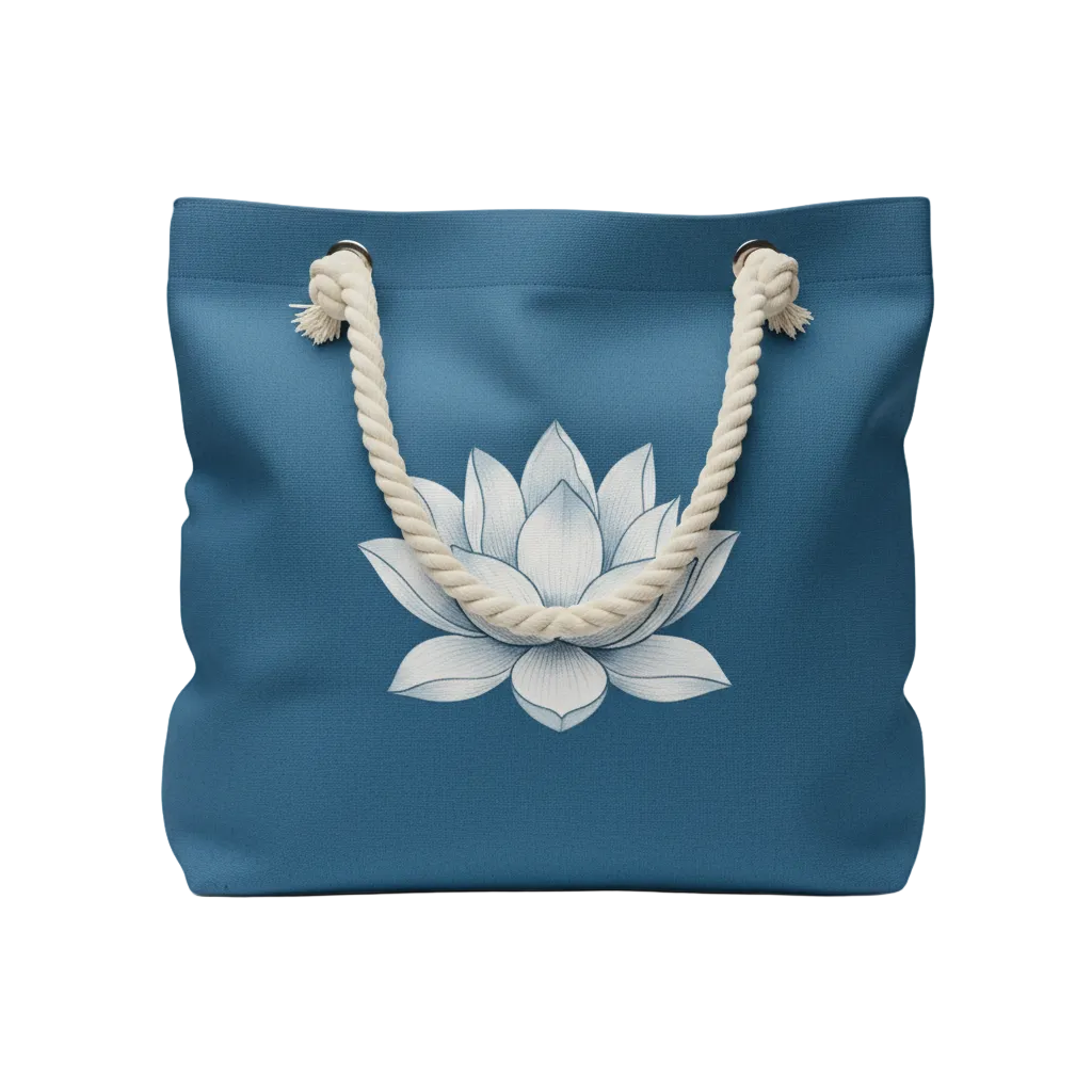 Pause & Be tote bag in blue sea with white lotus graphic